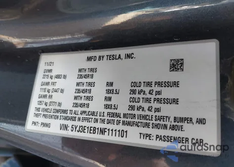 2022 Tesla Model 3 Long Range Dual Motor All-Wheel Drive from USA, damaged, VIN 5YJ3E1EB1NF111101